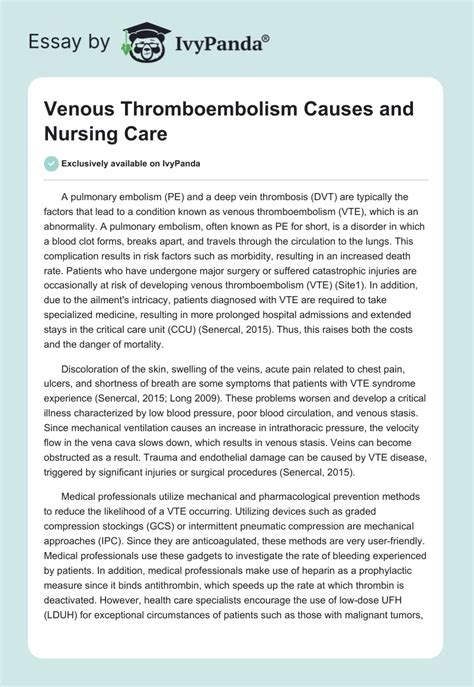 Venous Thromboembolism Causes and Nursing Care - 669 Words | Essay Example