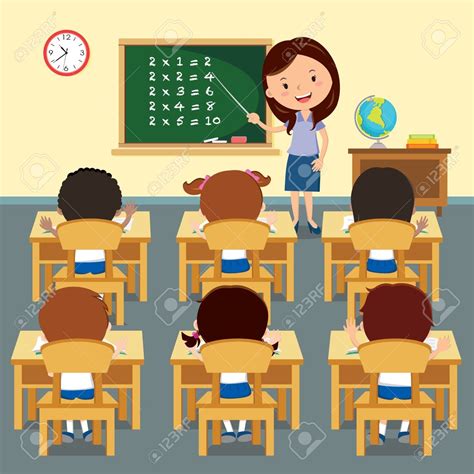 Cheerful teacher teaching in classroom. illustration of a cheerful ...