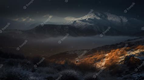 Premium Photo | A snowy mountain landscape with a mountain in the ...