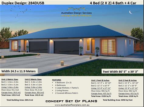 Modern Duplex House Plans 2 Family Home 284 M2 3058 Sq. Feet 2 Family ...