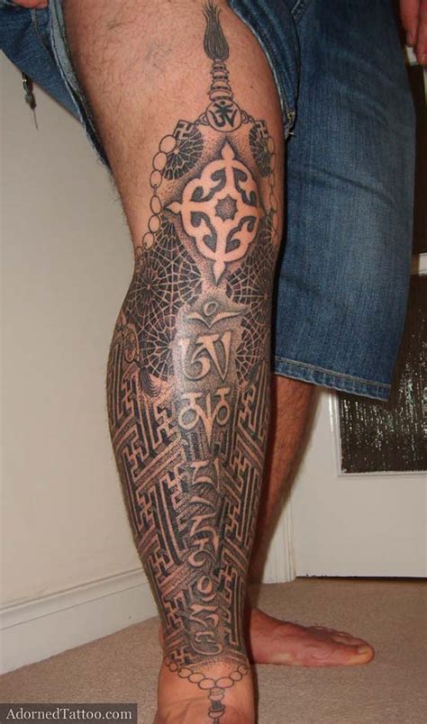 Tibetan Dotwork Leg Tattoo (Front View) | Adorned Tattoo