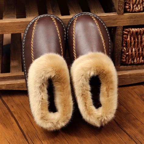 Men Winter Warm Fuzzy Cow Leather House Slipper Fleece Lined Home ...