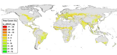 Change in global percentage of tree cover from the years 2000-2002 ...