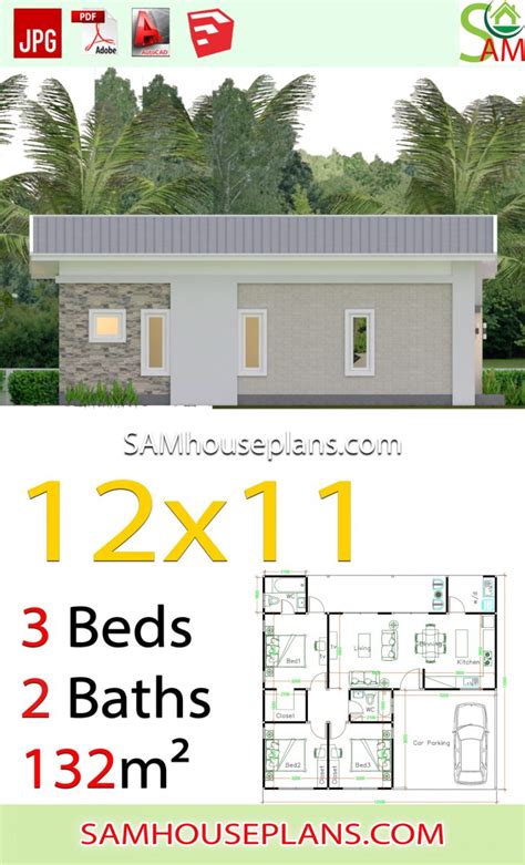 House Plans 12x11 with 3 Bedrooms Shed roof - SamHousePlans