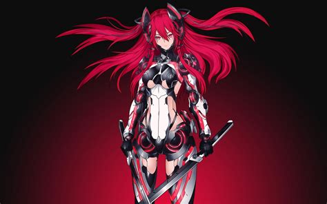 Anime. Mecha Girl, Red, Warrior, Katana, 4K