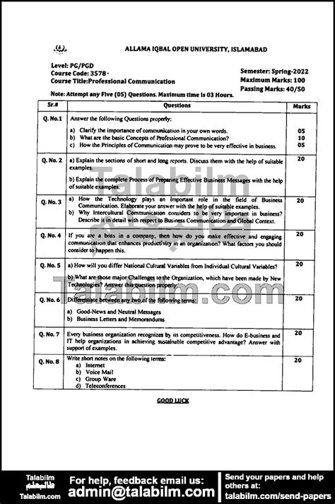 Professional Communication Code No. 3578 Spring 2022 Past Papers | AIOU ...