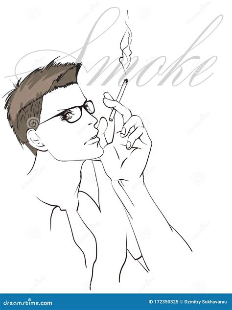 The Face of a Man. Fashionable Portrait. Sketch of a Smoking Man on a ...