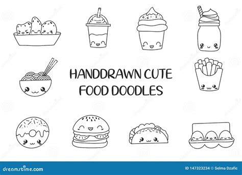 Set of Cute Food Doodles. Kawaii Food Icon Doodles. Cute Muffin ...