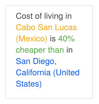 Cabo San Lucas is 39% cheaper than San Diego, California. Jun 2023 Cost ...