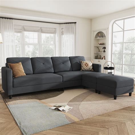 HONBAY Modern L-Shaped Linen Fabric Sectional Sofa Set, Dark Grey ...