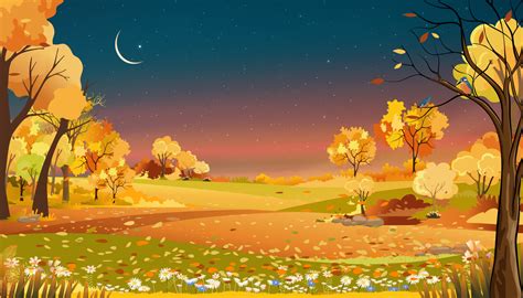 Autumn rural landscape farm fields and forest trees with orang ,blue ...