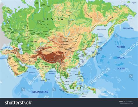 High Detailed Asia Physical Map Labeling Stock Vector 243179515 ...