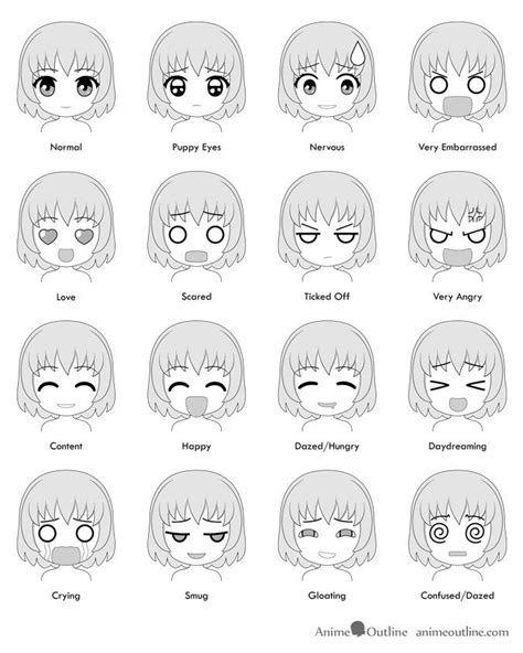 16 chibi anime facial expressions emotions chart | Chibi drawings ...