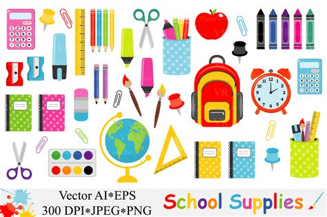 School Supplies Clipart, Back to School - Vector Graphic by VR Digital ...