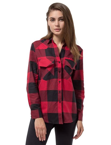 Women's Plaid Flannel Shirt Red & Black Checkered Long Sleeve Cotton ...