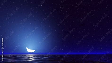 Vector night sky with ocean, moon stars background Stock Vector | Adobe ...