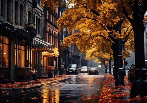 Premium AI Image | Autumn colors brightening a gloomy city street