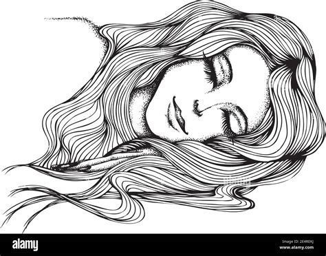 Portrait of a sleeping girl with long hair. Vector hand drawn ...