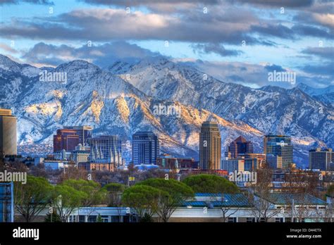 Panoramic view of the downtown Salt Lake City skyline in early spring ...