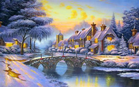 Download Tree House Snow Bridge Village Artistic Winter HD Wallpaper