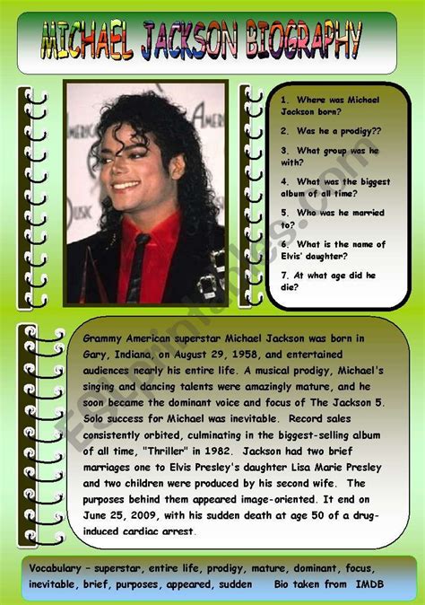 MICHAEL JACKSON BIOGRAPHY - ESL worksheet by GIOVANNI