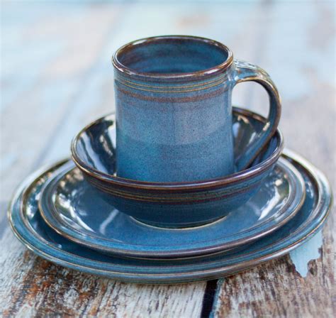 Blue Ceramic Dinnerware Set 4 piece Hand made Hand crafted