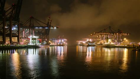 Time Lapse Of Container Harbor At Night, Ships Being Loaded And ...