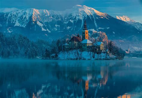 slovenia, Bled, Bled, Lake, The, Mountains, The, Julian, Alps, Winter ...