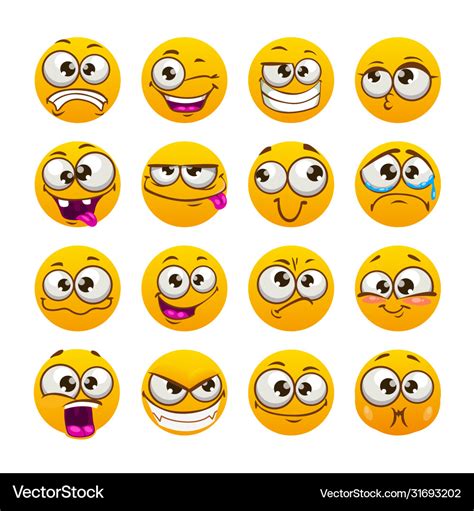 Cartoon funny yellow faces comic emoji set Vector Image