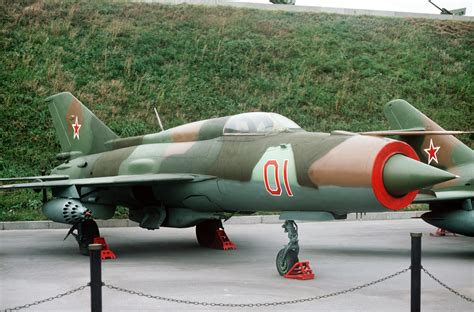 Right front view of a Soviet MiG-21 Fishbed fighter aircraft showing an ...