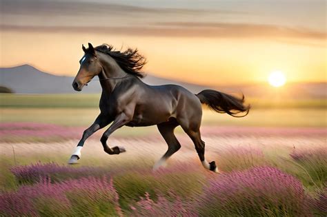 Premium Photo | Horse running in a field at sunset