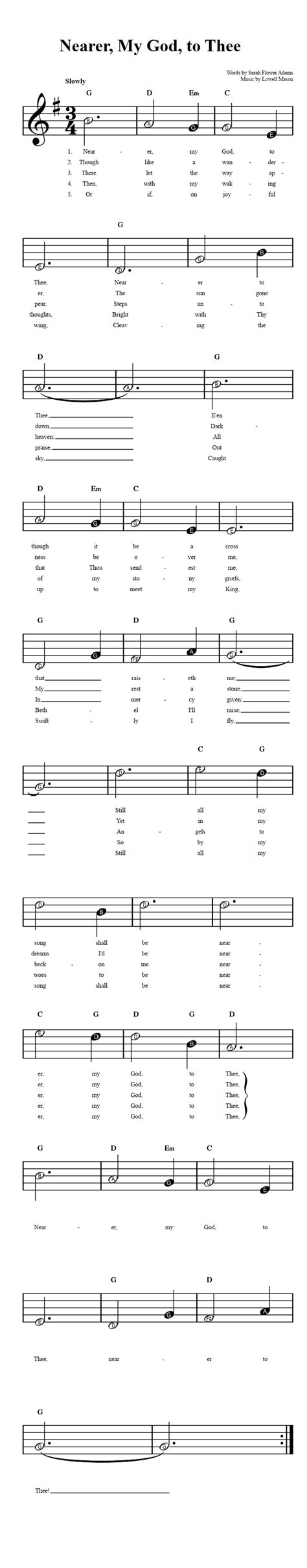 Nearer, My God, to Thee: Beginner Sheet Music with Chords and Lyrics