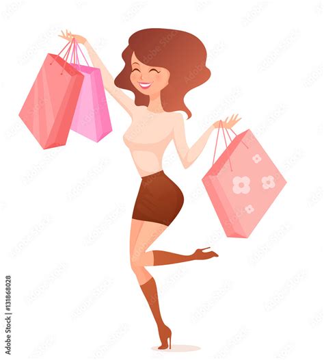 Illustration of a funny cartoon girl shopping Stock Vector | Adobe Stock