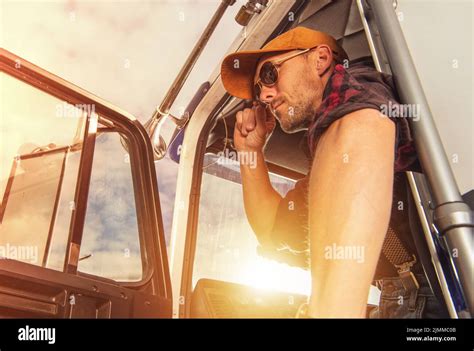 Closeup of Satisfied Truck Driver in Western Style Outfit Getting Out ...