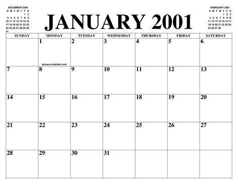 JANUARY 2001 CALENDAR OF THE MONTH: FREE PRINTABLE JANUARY CALENDAR OF ...