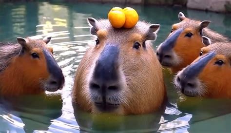 Premium AI Image | A capybara with oranges on its head is swimming in a ...