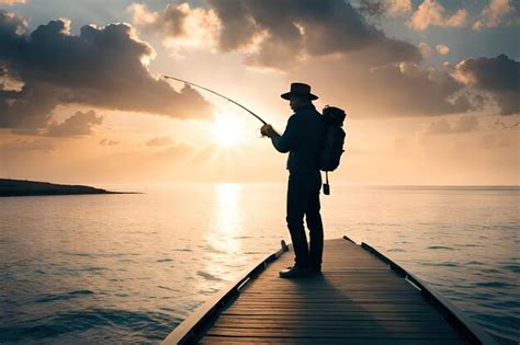 Premium Photo | A man fishing on a pier at sunset