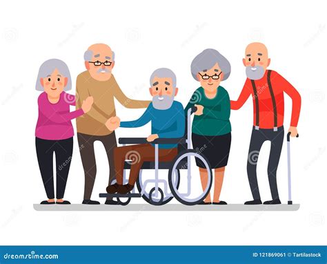 Cartoon Old People. Happy Aged Citizens, Disabled Senior On Wheelchair ...