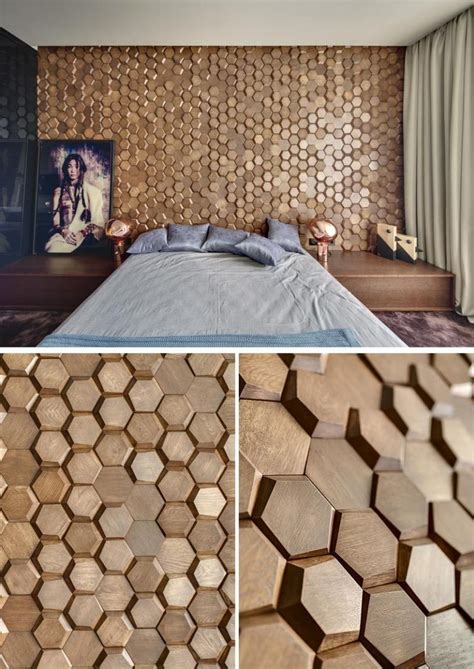 A Bedroom Accent Wall Made From 3D Hexagonal Wood Tiles