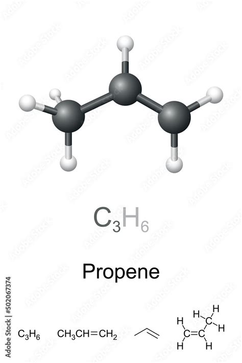 Propene, also propylene, ball-and-stick model, molecular and chemical ...