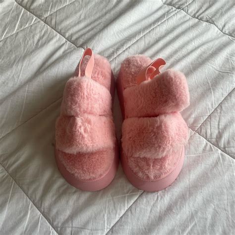 fluffy pink slippers, almost like ugg dupes never... - Depop