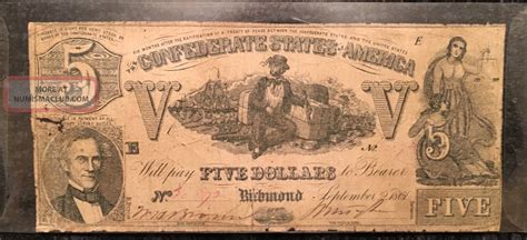 1861 Confederate States Of America $5 Five Dollar Bill Civil War ...