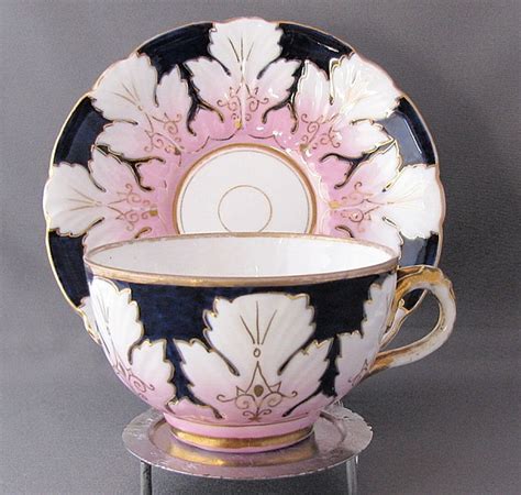 Antique English Porcelain Cup & Saucer, Molded Leaves, Cobalt Blue ...