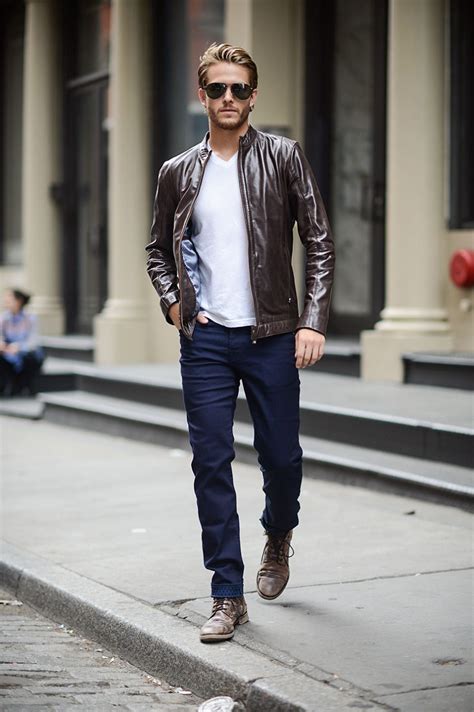 Brown Leather Jacket With White T-Shirt And Blue Jeans | Mens outfits ...