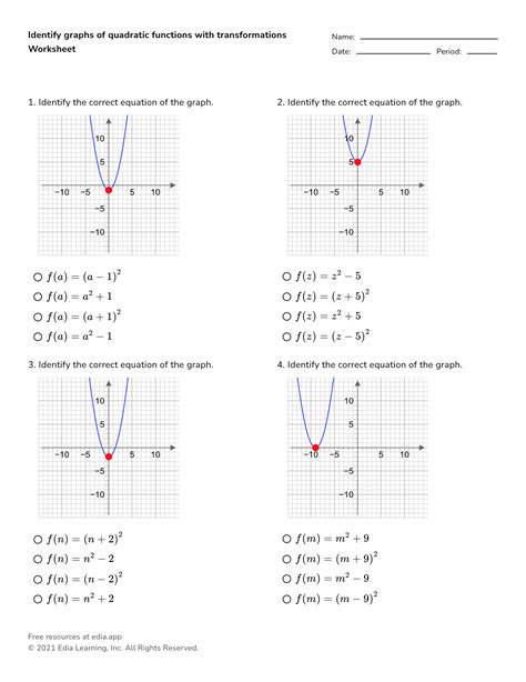 Quadratic Function Transformations Worksheet