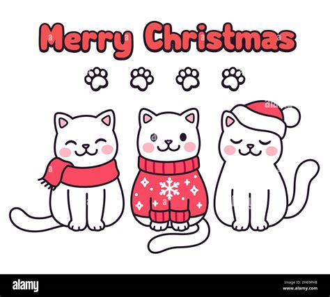 Cute cartoon cats in Christmas sweater, scarf and hat with text Merry ...