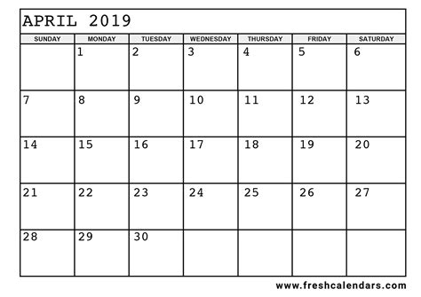 April 2019 Calendar Printable