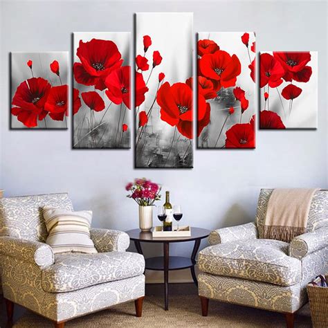 Romantic Red Poppy Flowers Painting Framed 5 Piece Canvas Wall Art ...