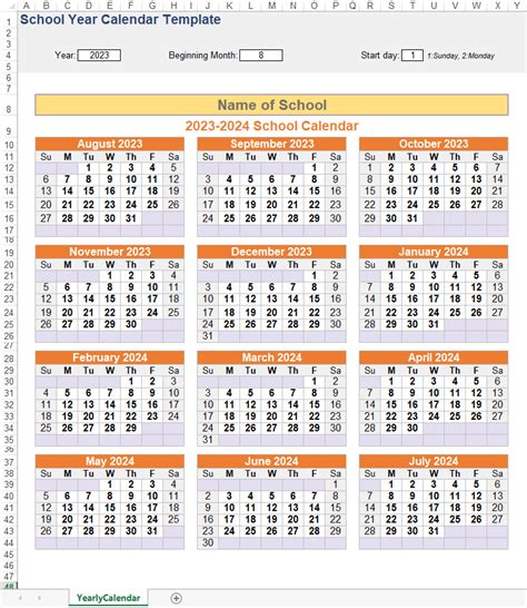 School Year Calendar Excel Template