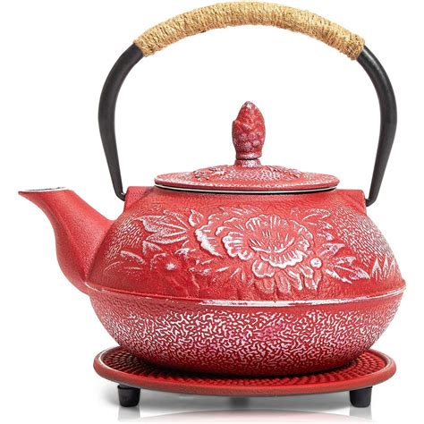 Red Floral Cast Iron Teapot Japanese Tea Kettle with Handle, Tea ...